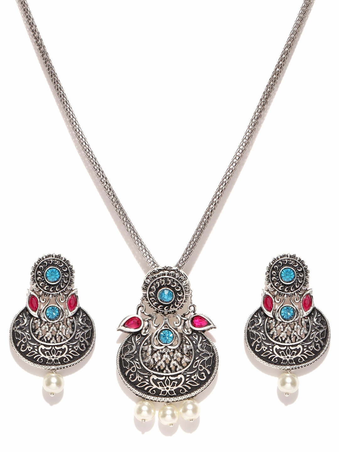 

Zaveri Pearls Oxidised Silver-Toned Stone-Studded Jewellery Set