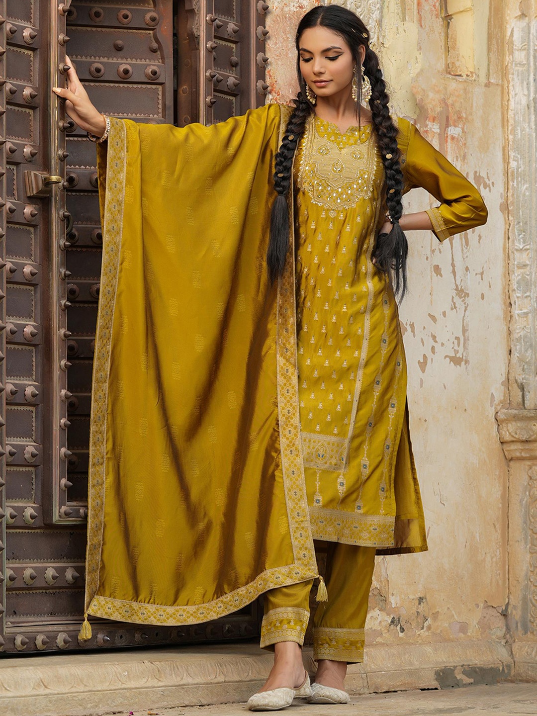 

SCAKHI Women Mustard Yellow Ethnic Motifs Embroidered Pure Silk Kurta with Trousers & With Dupatta