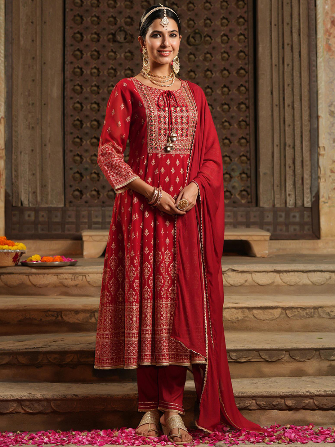 

SCAKHI Women Red Ethnic Motifs Printed Empire Gotta Patti Kurta with Trousers & With Dupatta