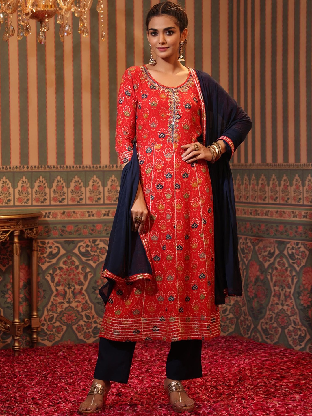 

SCAKHI Women Red Bandhani Printed Panelled Gotta Patti Kurta with Trousers & With Dupatta