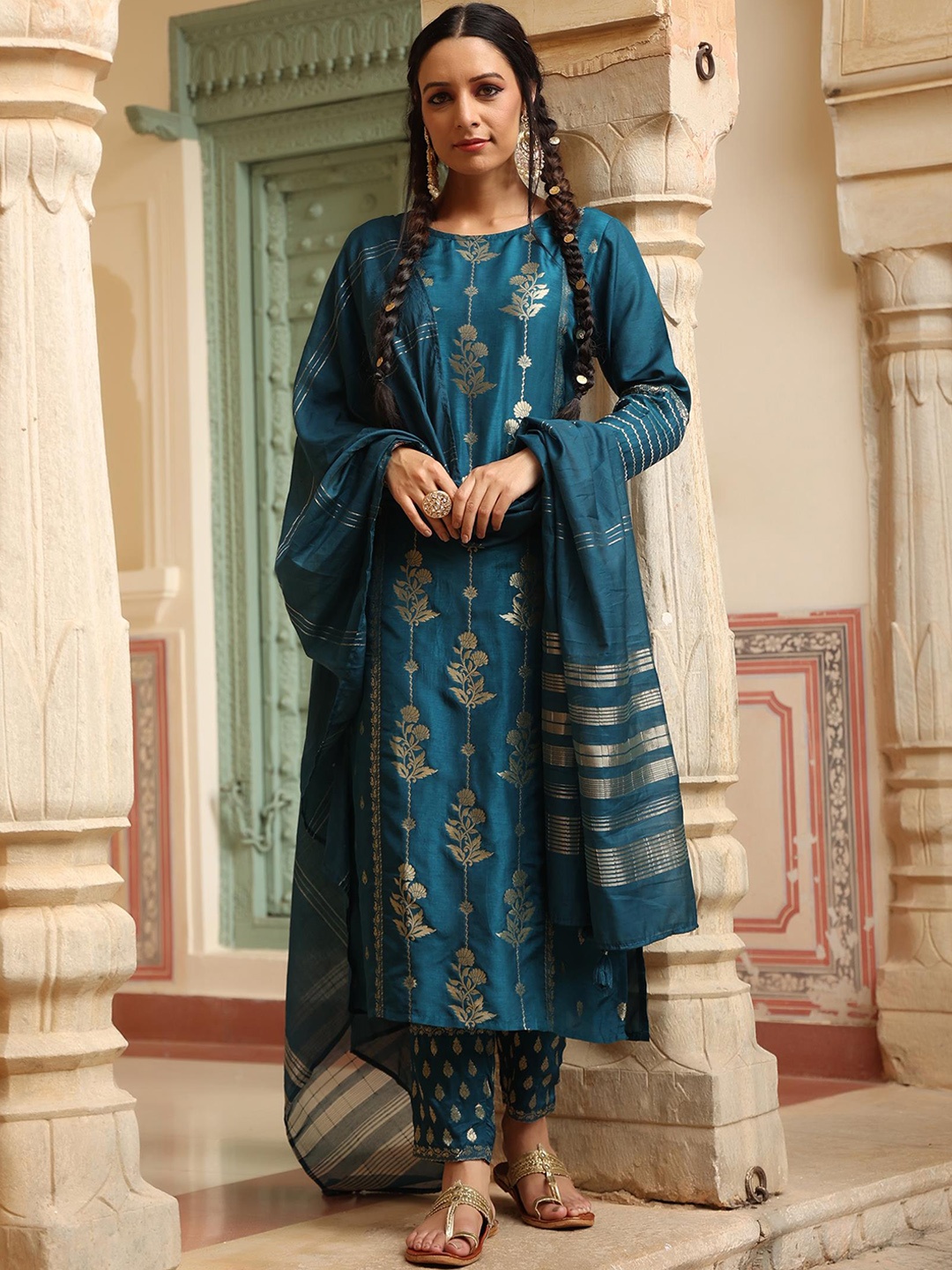 

SCAKHI Women Navy Blue Floral Printed Pure Silk Kurta with Trouser & With Dupatta