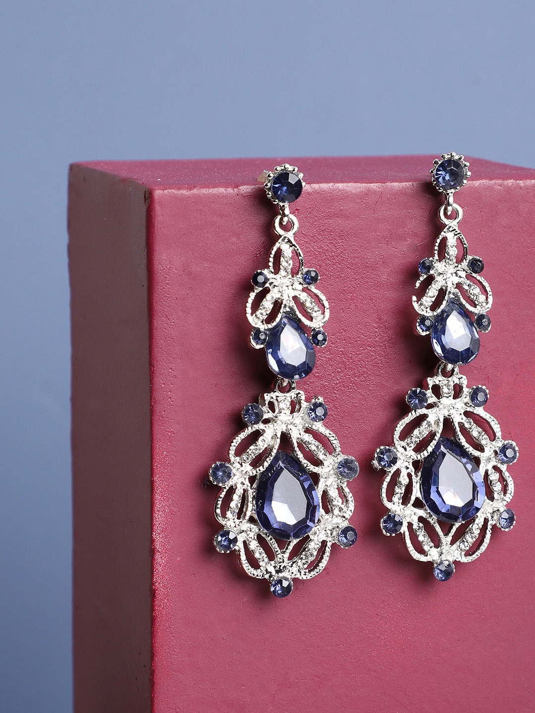 

SOHI Blue & Silver Plated Contemporary Drop Earrings