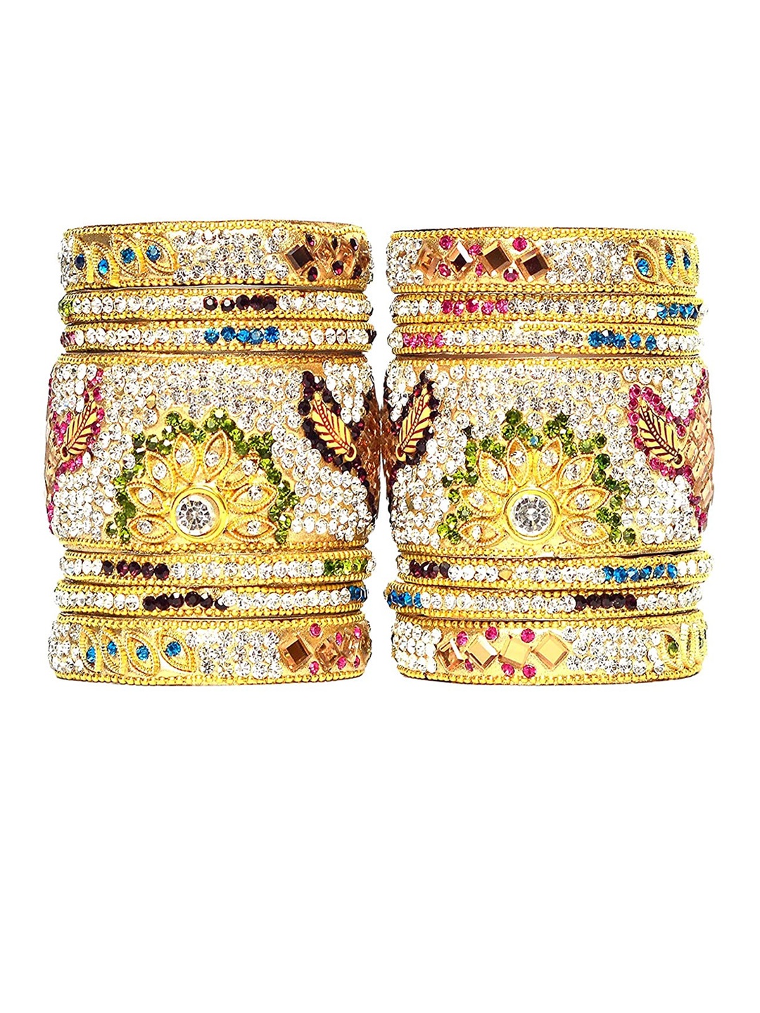 

Mallepula Set Of 14 Gold-Plated Yellow Stone-Studded Bangle