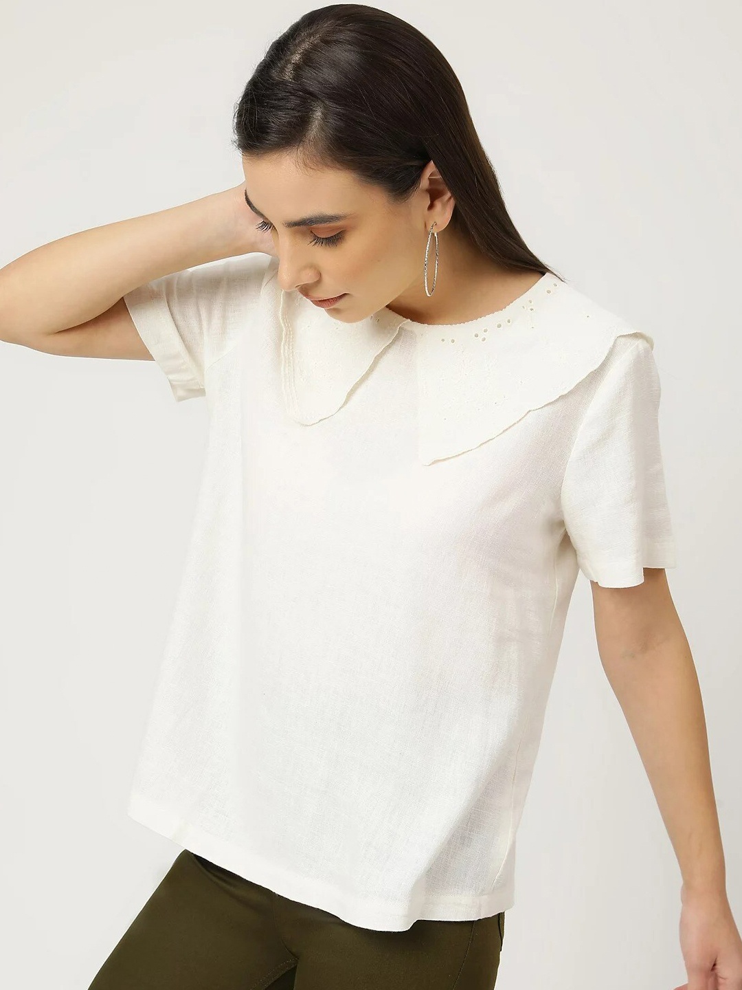 

Marks & Spencer Women Peter Pan Collar Linen Top, White