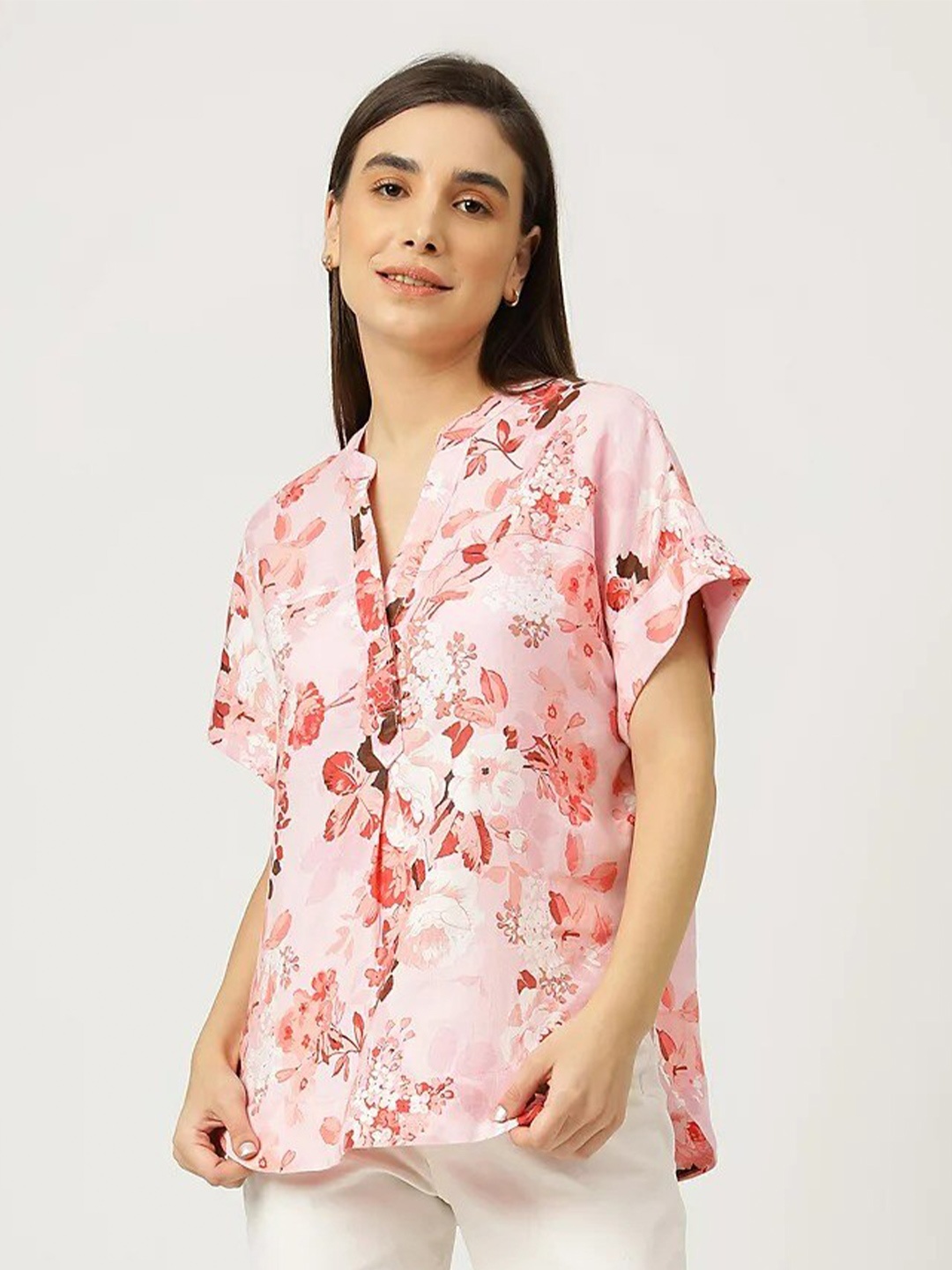 

Marks & Spencer Women Pink Floral Print Linen Top