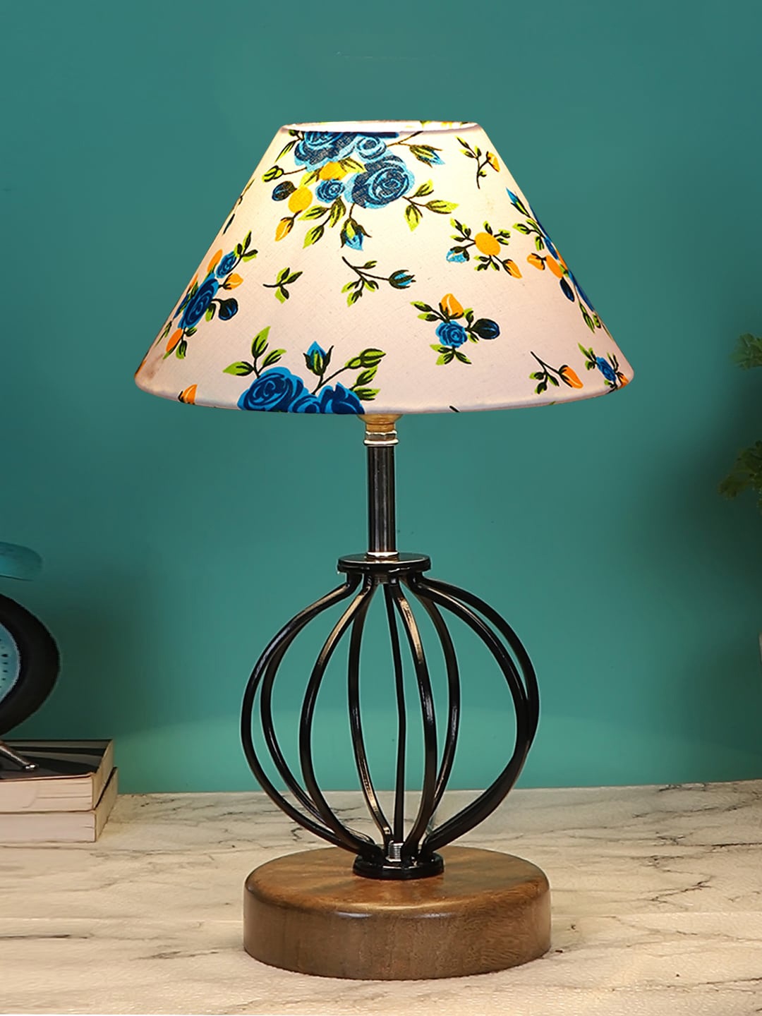 Devansh White & Blue Floral Printed Metal Table Lamp