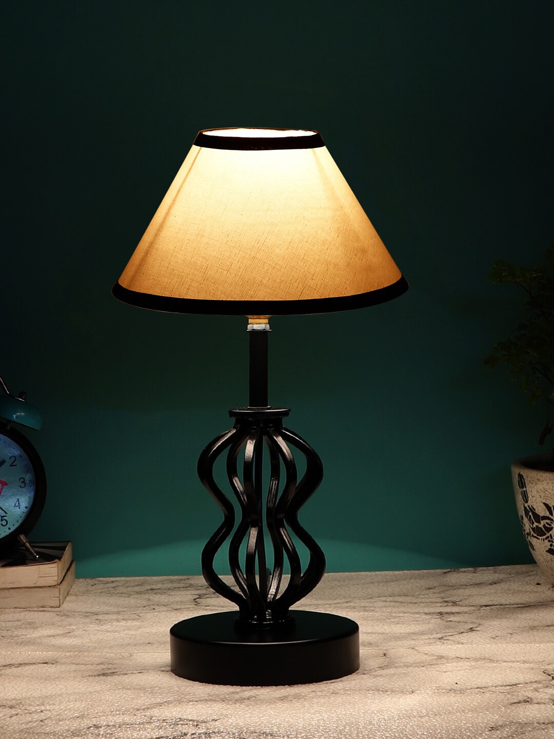 Devansh White & Black Solid Cotton Table Lamps With Iron Base