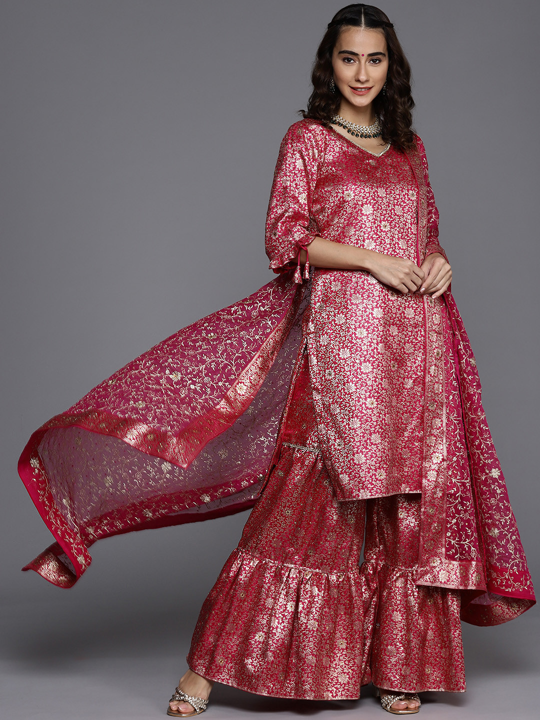 

Chhabra 555 Women Pink Ethnic Motifs Embroidered Kurta with Sharara & Dupatta