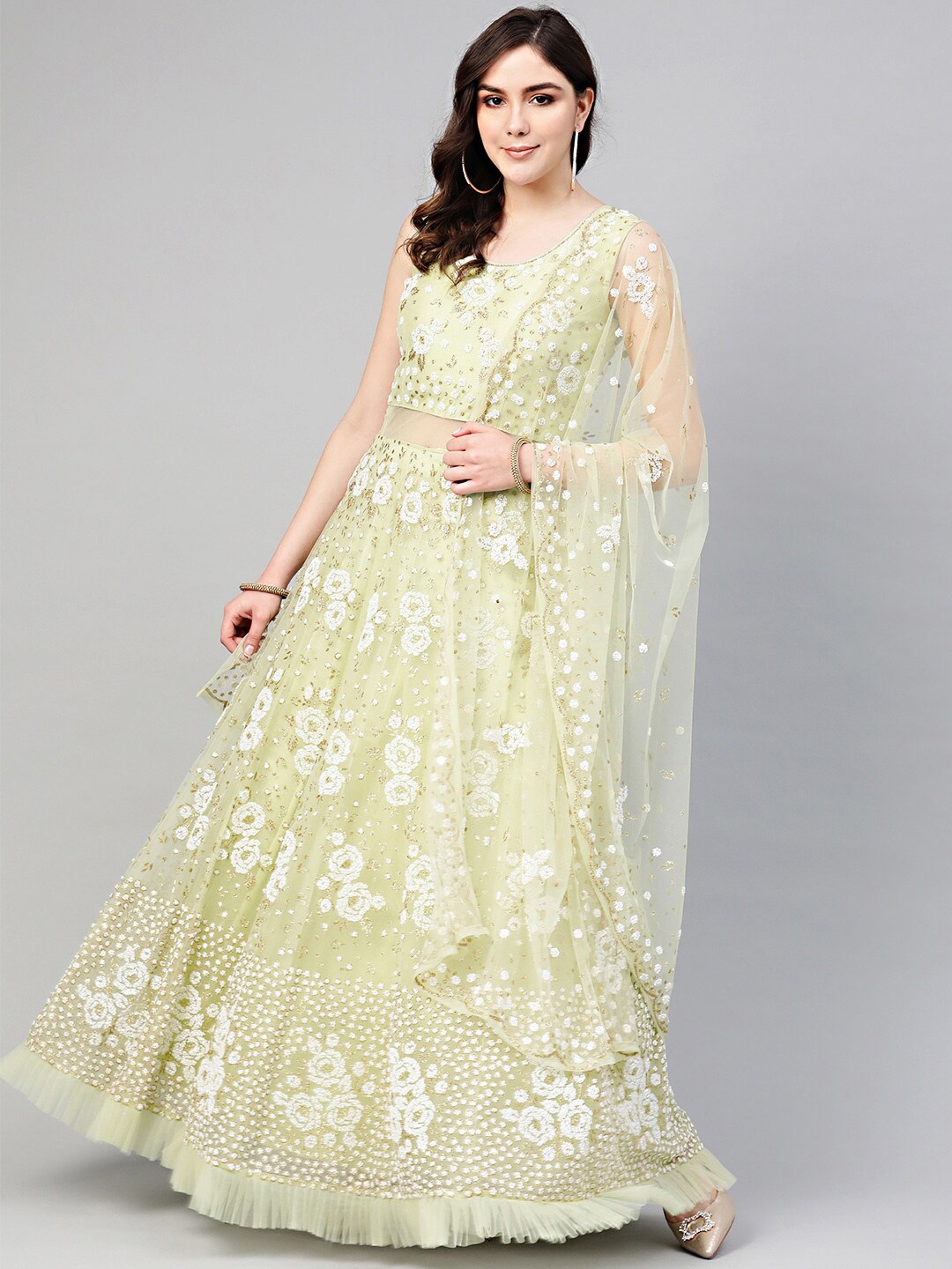 

Chhabra 555 Women Lime-Green Embellished Cocktail Gown With Dupatta