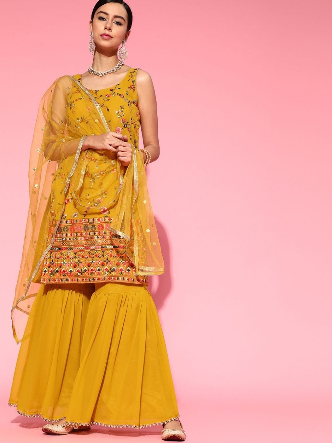 

Chhabra 555 Women Mustard Yellow Embroidered Thread Work Kurta with Sharara & With Dupatta