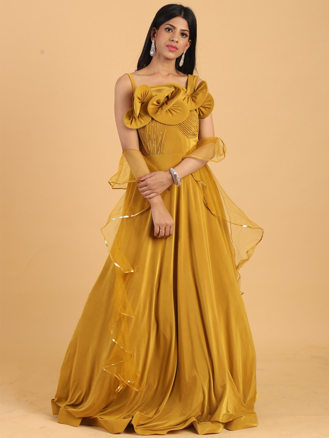 

Chhabra 555 Mustard Yellow Net Party Dress