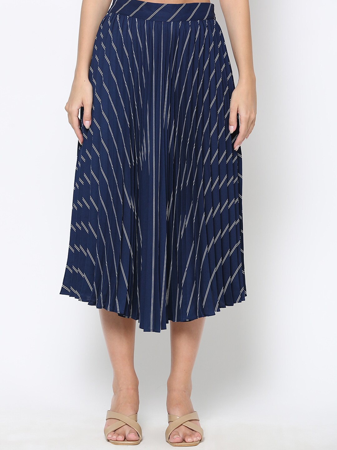 

DRIRO Women Striped Pleated A-Line Skirt, Navy blue