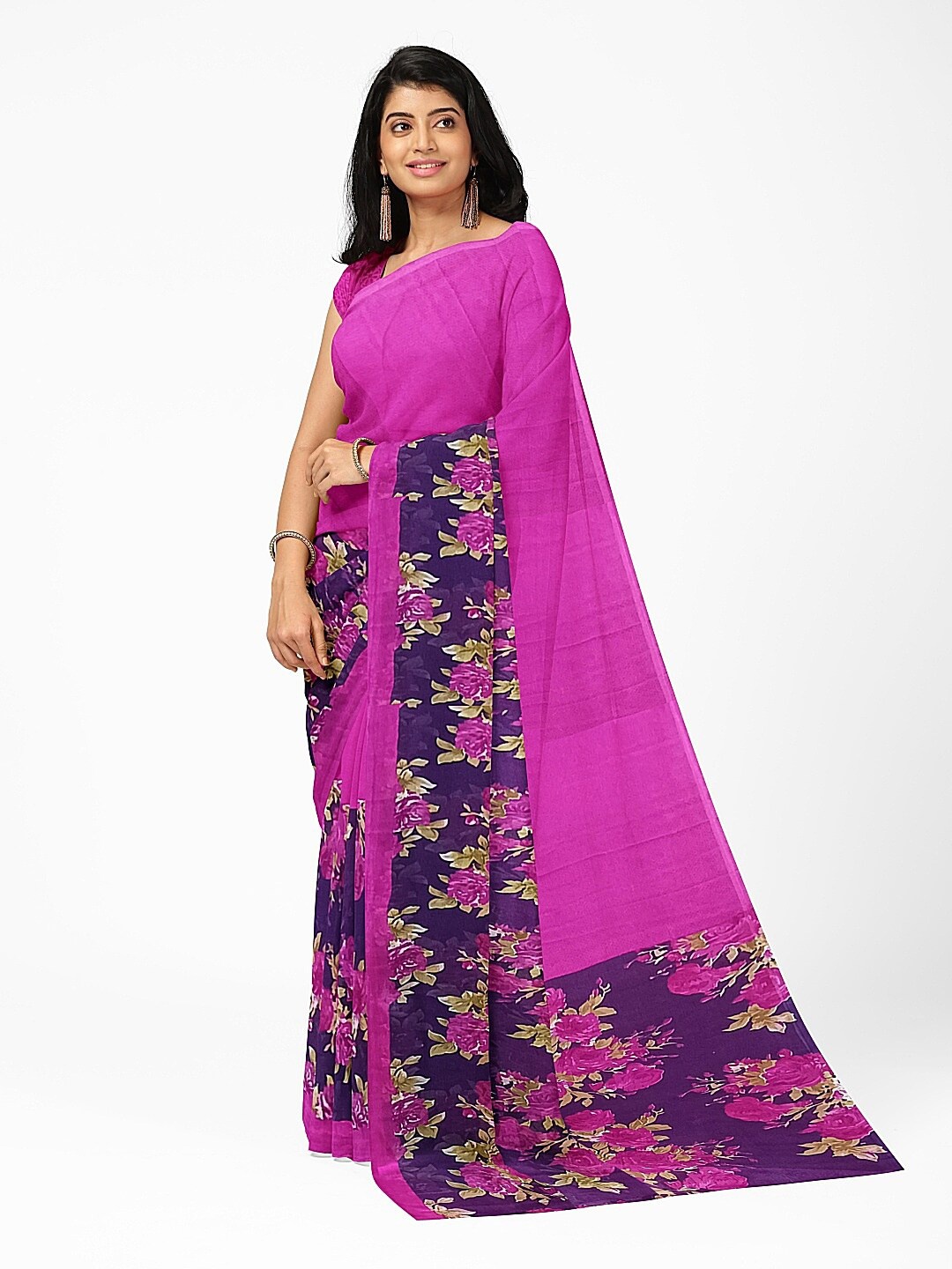

Silk Bazar Pink & Violet Floral Pure Georgette Fusion Dharmavaram Saree