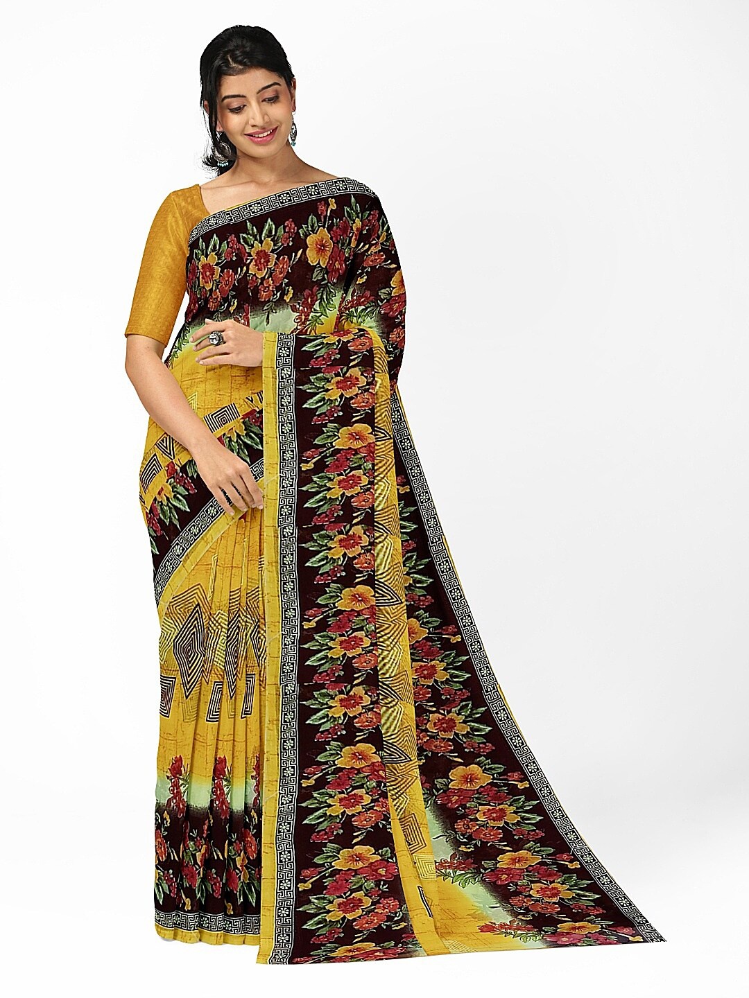

Silk Bazar Yellow & Green Floral Pure Georgette Saree
