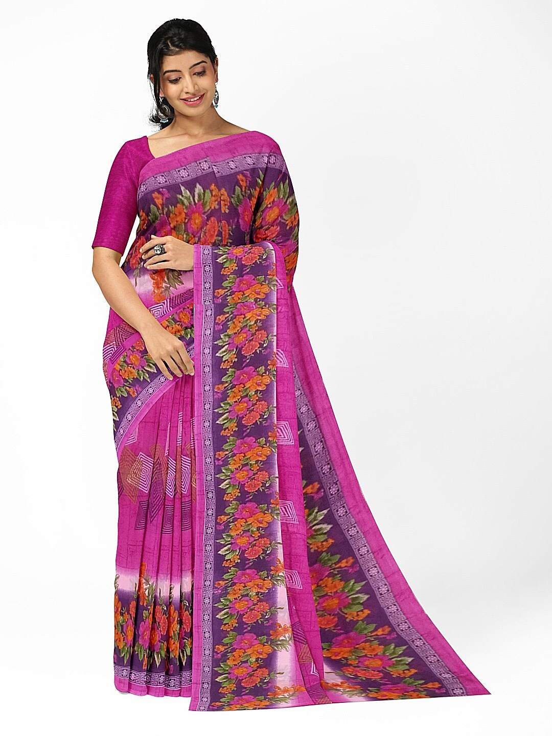 

Silk Bazar Pink & Orange Floral Pure Georgette Saree