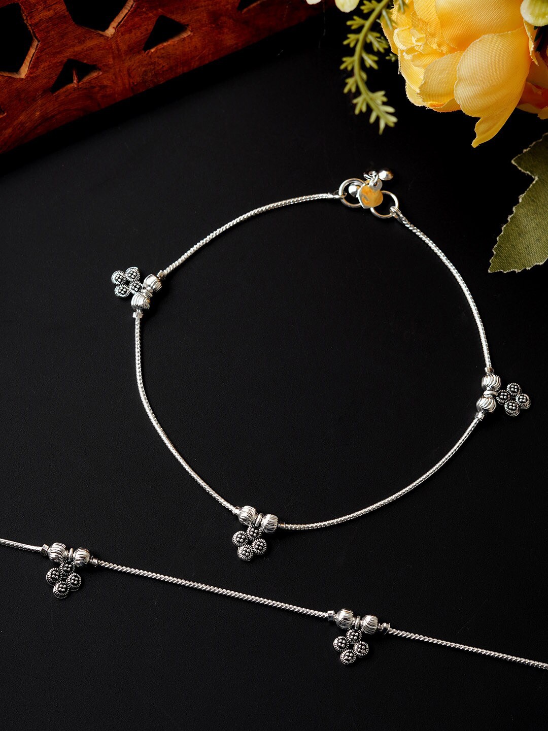

Urmika Pair Of Silver-Toned Beaded Anklet