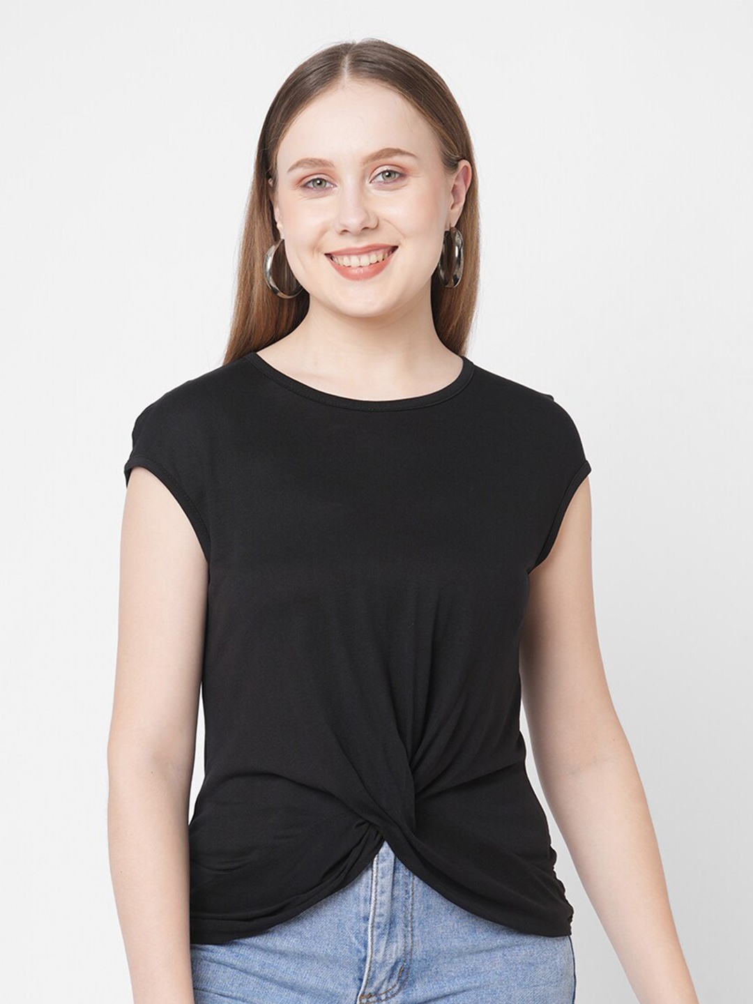 

MISH Women Black Solid Extended Sleeves T-shirt