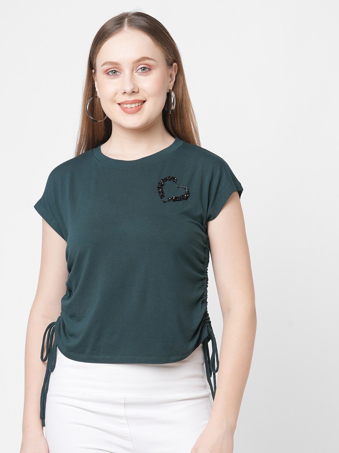 

MISH Women Green Extended Sleeves Embellished T-shirt