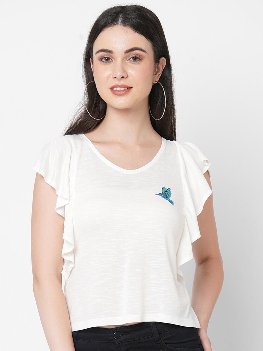 

MISH Women White V-Neck Layered Sleeves T-shirt