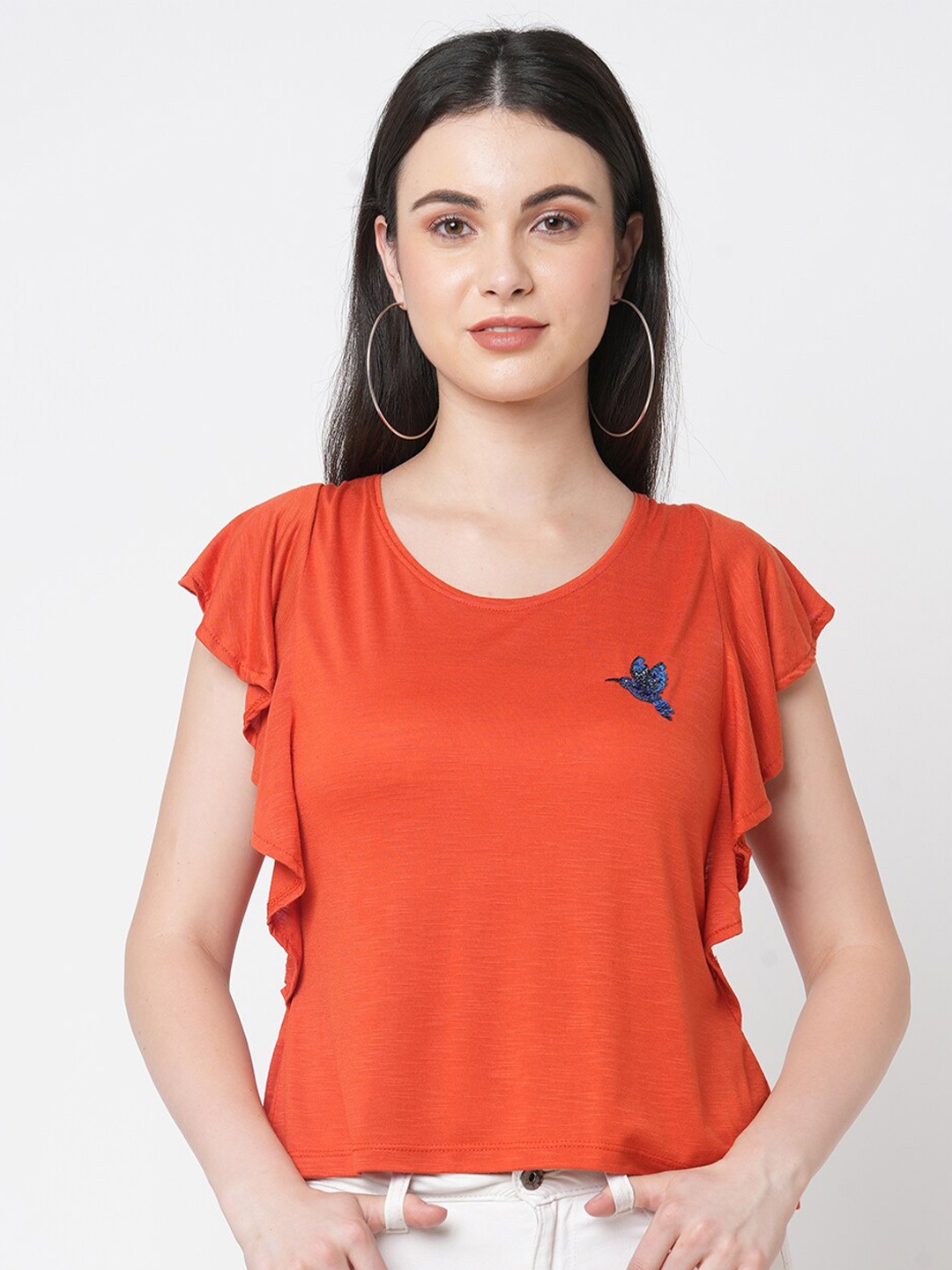 

MISH Women Orange Solid Flutter Sleeved T-shirt