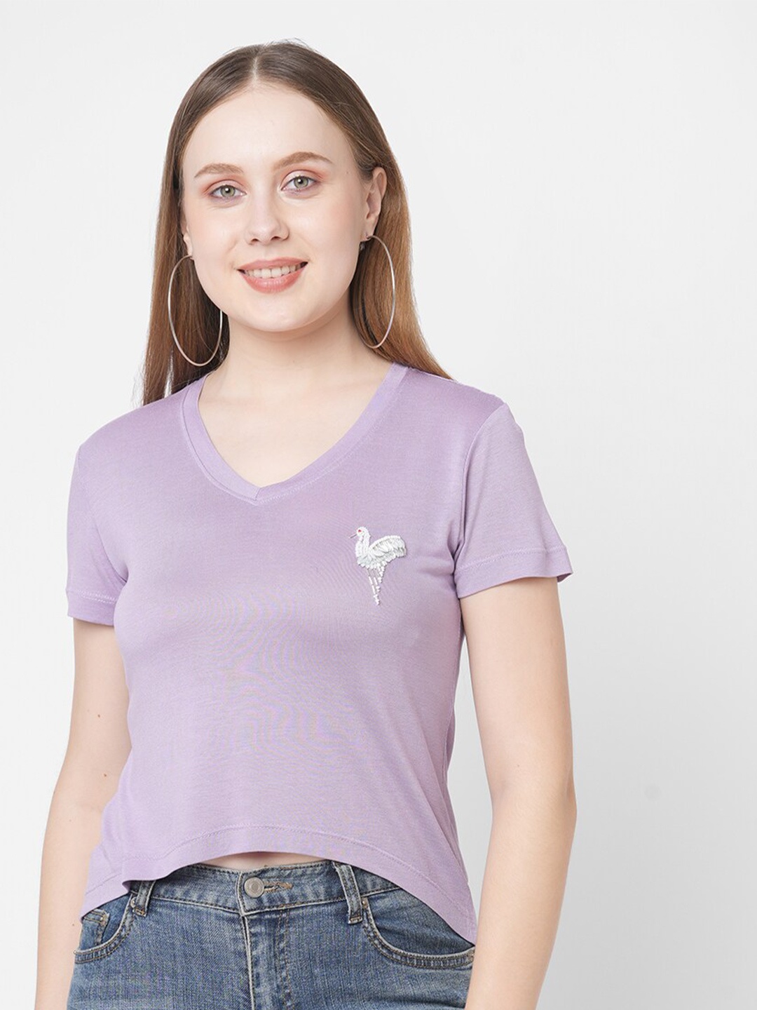 

MISH Women Lavender V-Neck Embellished T-shirt