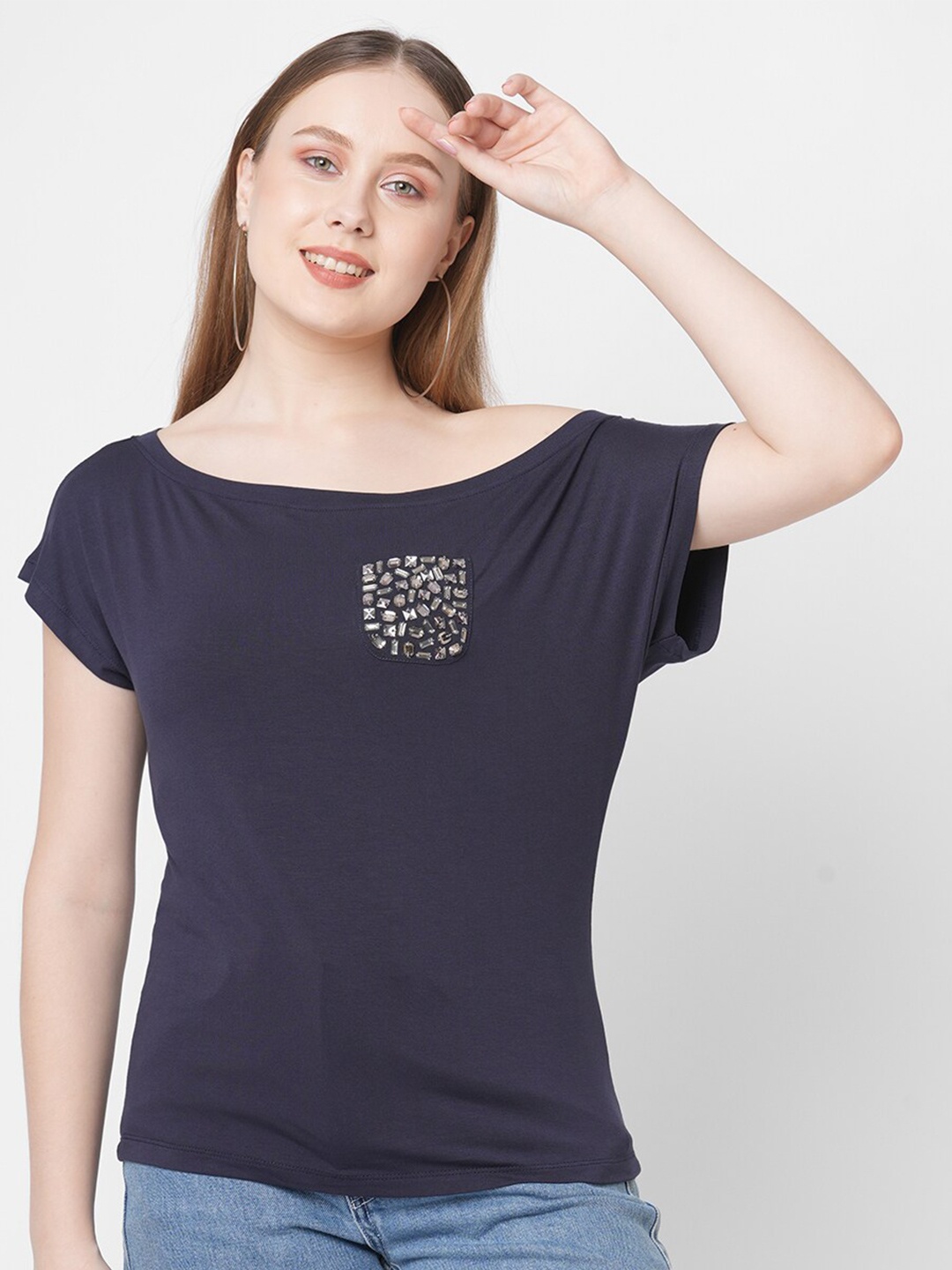 

MISH Women Navy Blue Extended Sleeves T-shirt