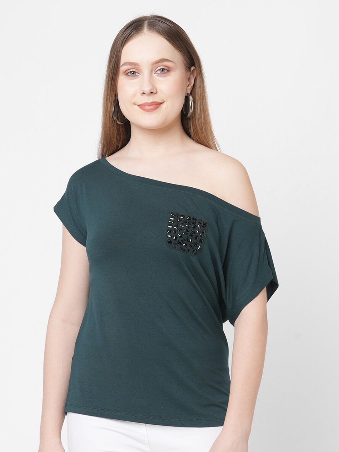 

MISH Women Green Off Shoulder T-shirt