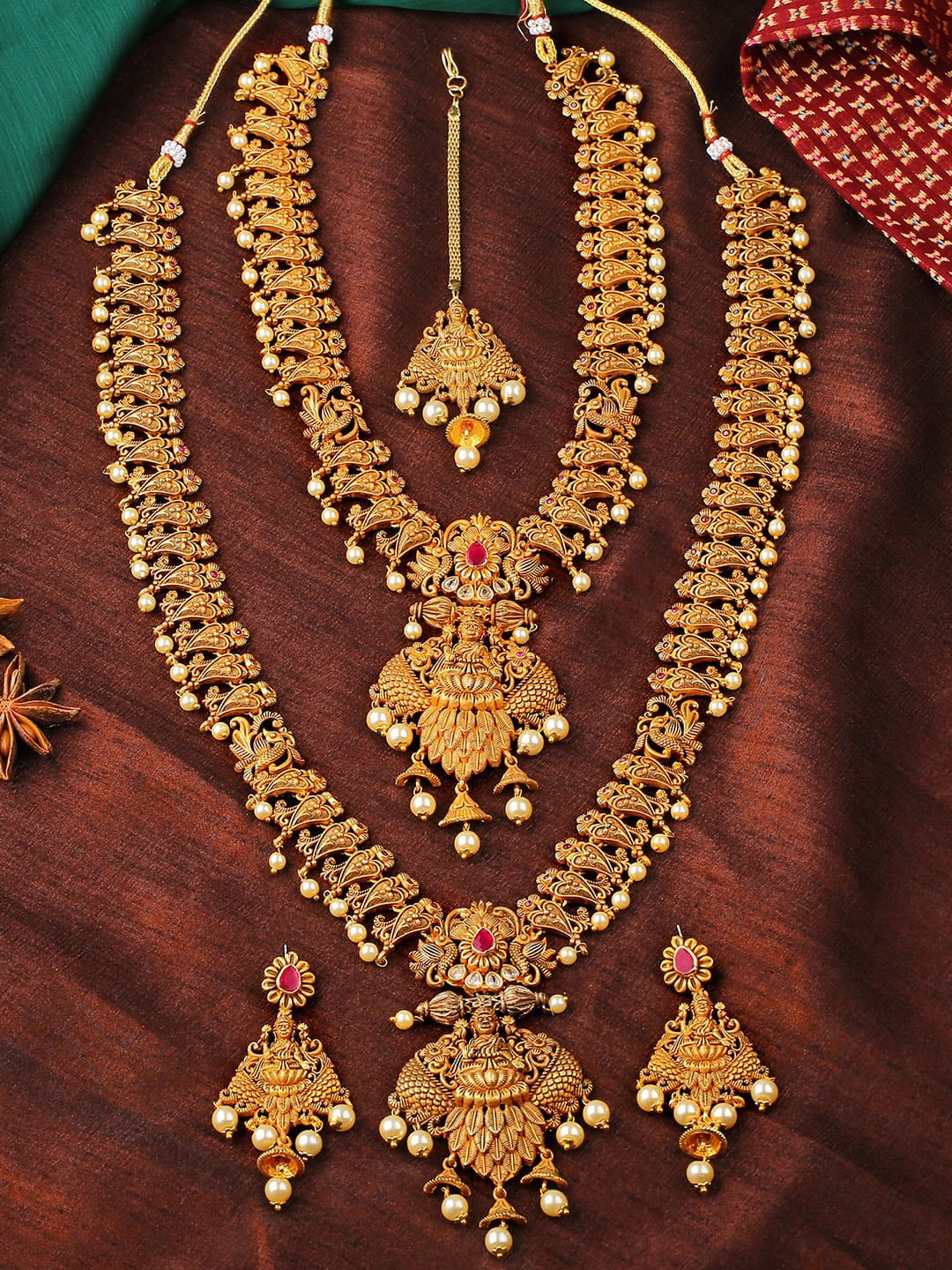 

Estele Gold Plated Sacred Laxmi Ji Bridal Necklace Set Combo with Pearls