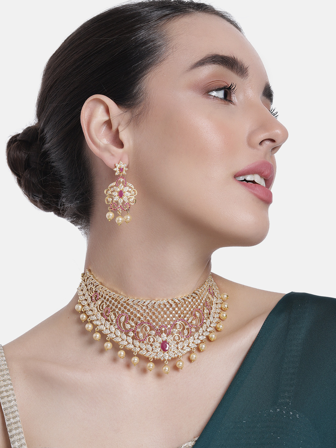 

Estele Gold Plated CZ Elegant Bridal Choker Necklace Set with Pearls