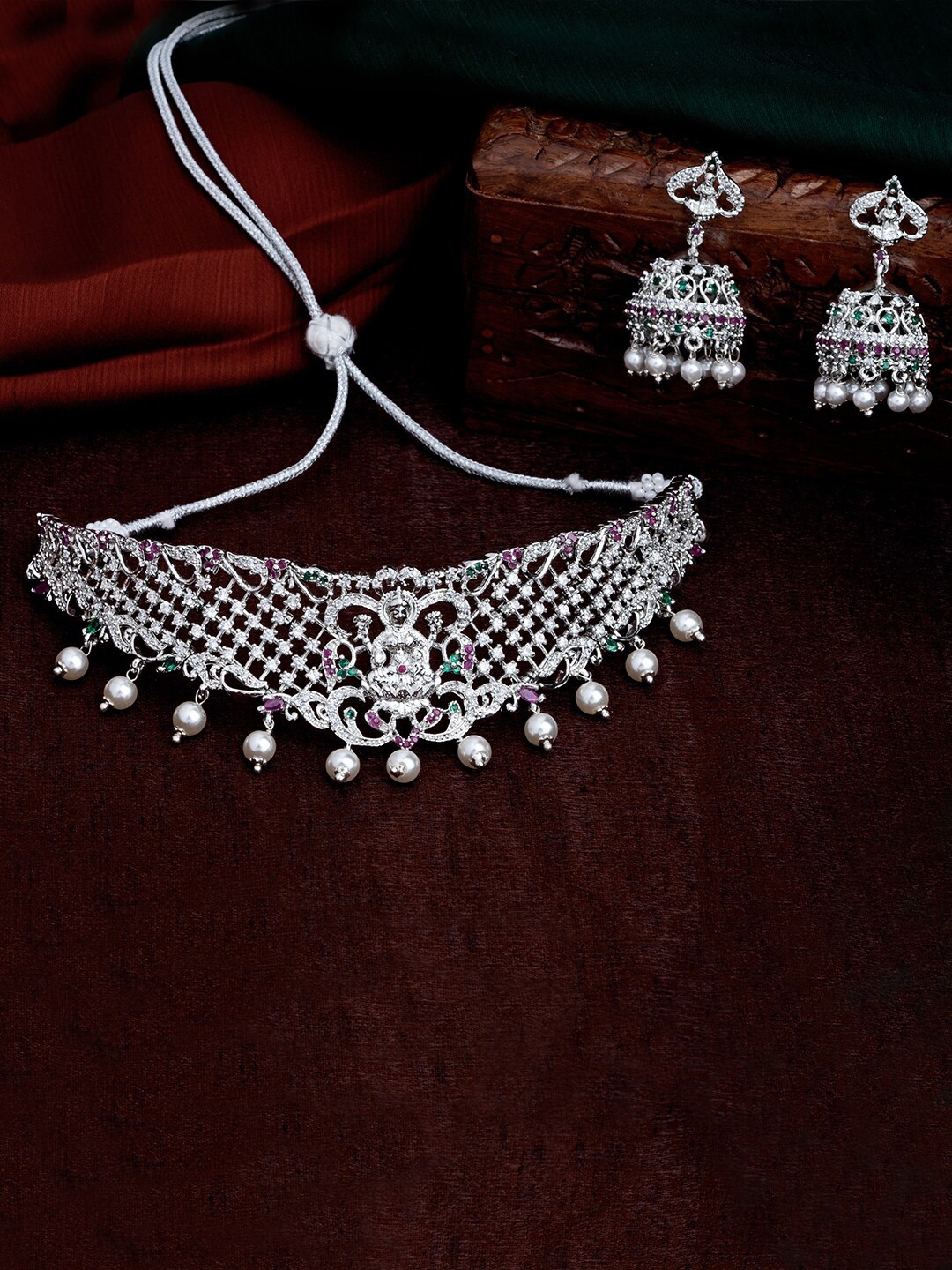 

Estele Rhodium-Plated Silver-Toned CZ Studded Jewellery Set