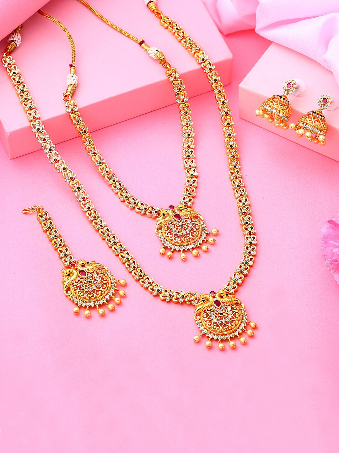 

Estele Gold Plated CZ Fascinating Bridal Necklace Set Combo With Maang Tikka