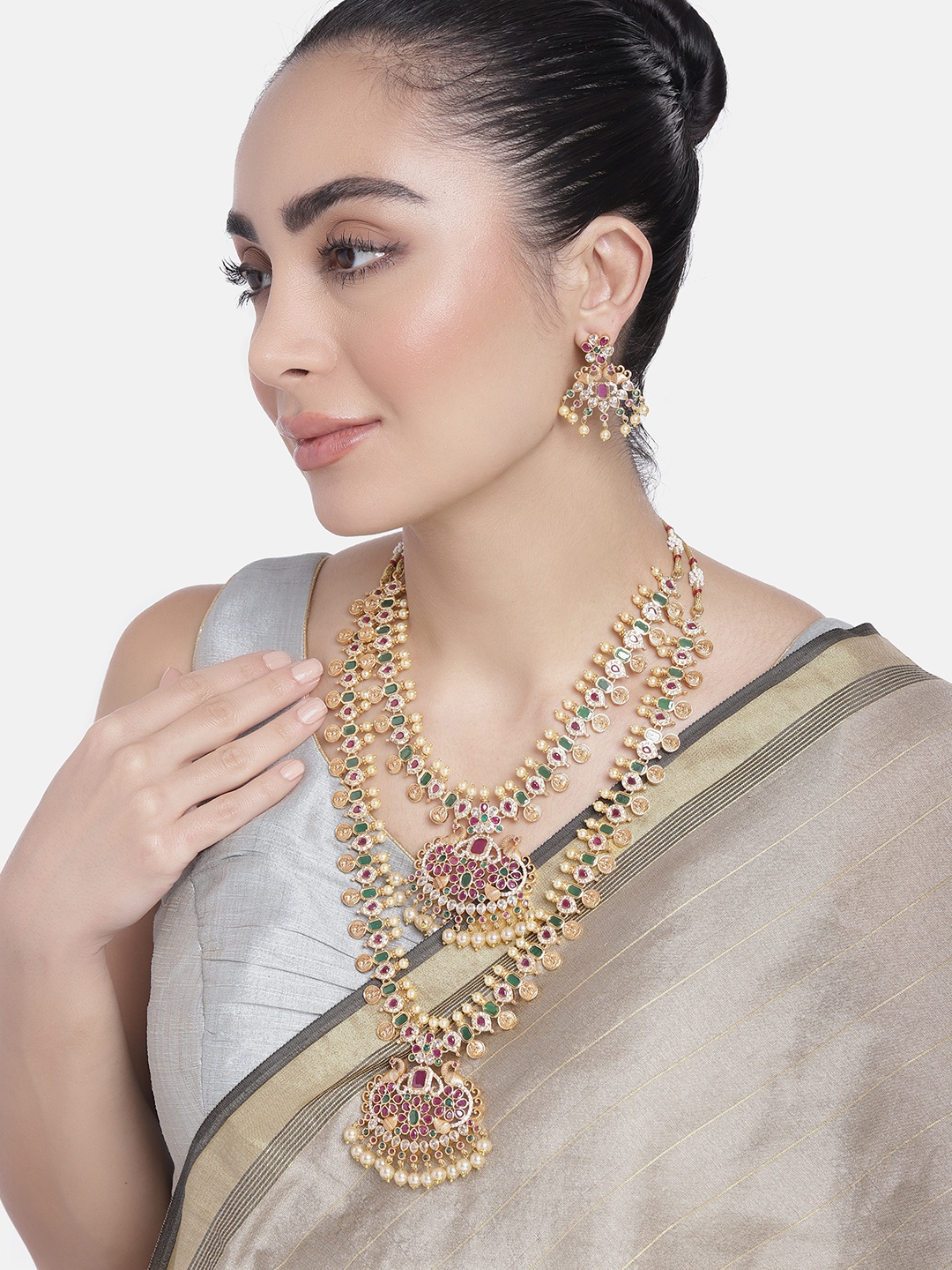 

Estele Gold Plated CZ Peacock with Coins Designer Bridal Necklace set Combo