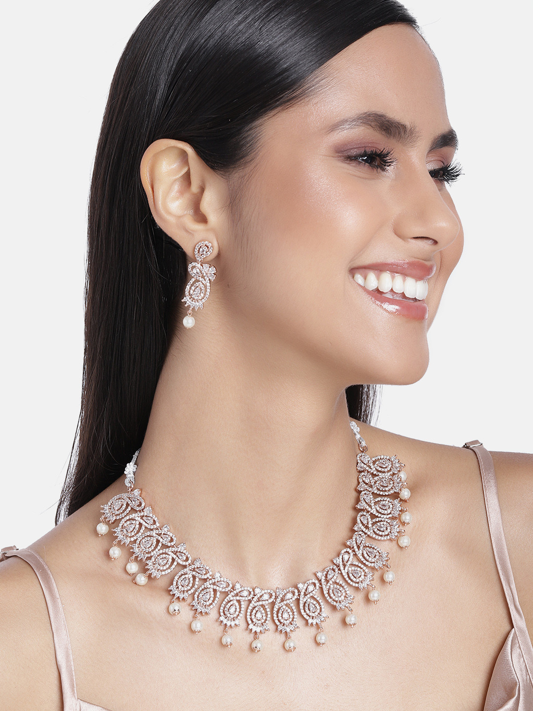 

Estele Rose Gold Plated CZ Sparkling Designer Necklace Set with Pearls