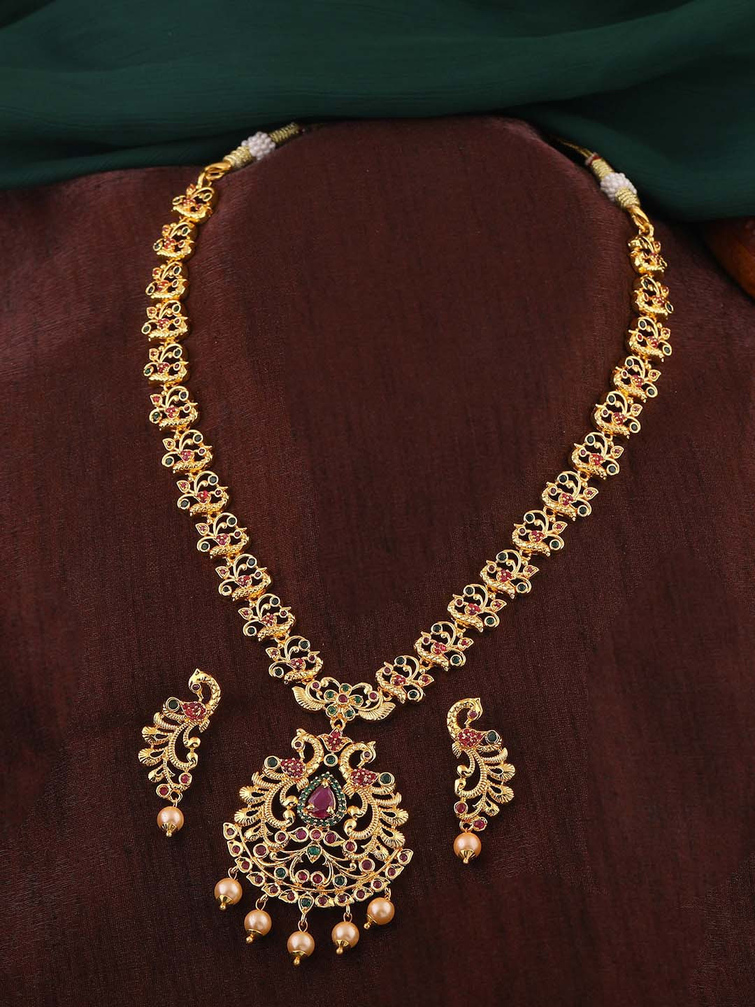 

Estele Gold Plated CZ Beautiful Peacock Designer Bridal Necklace Set for Women
