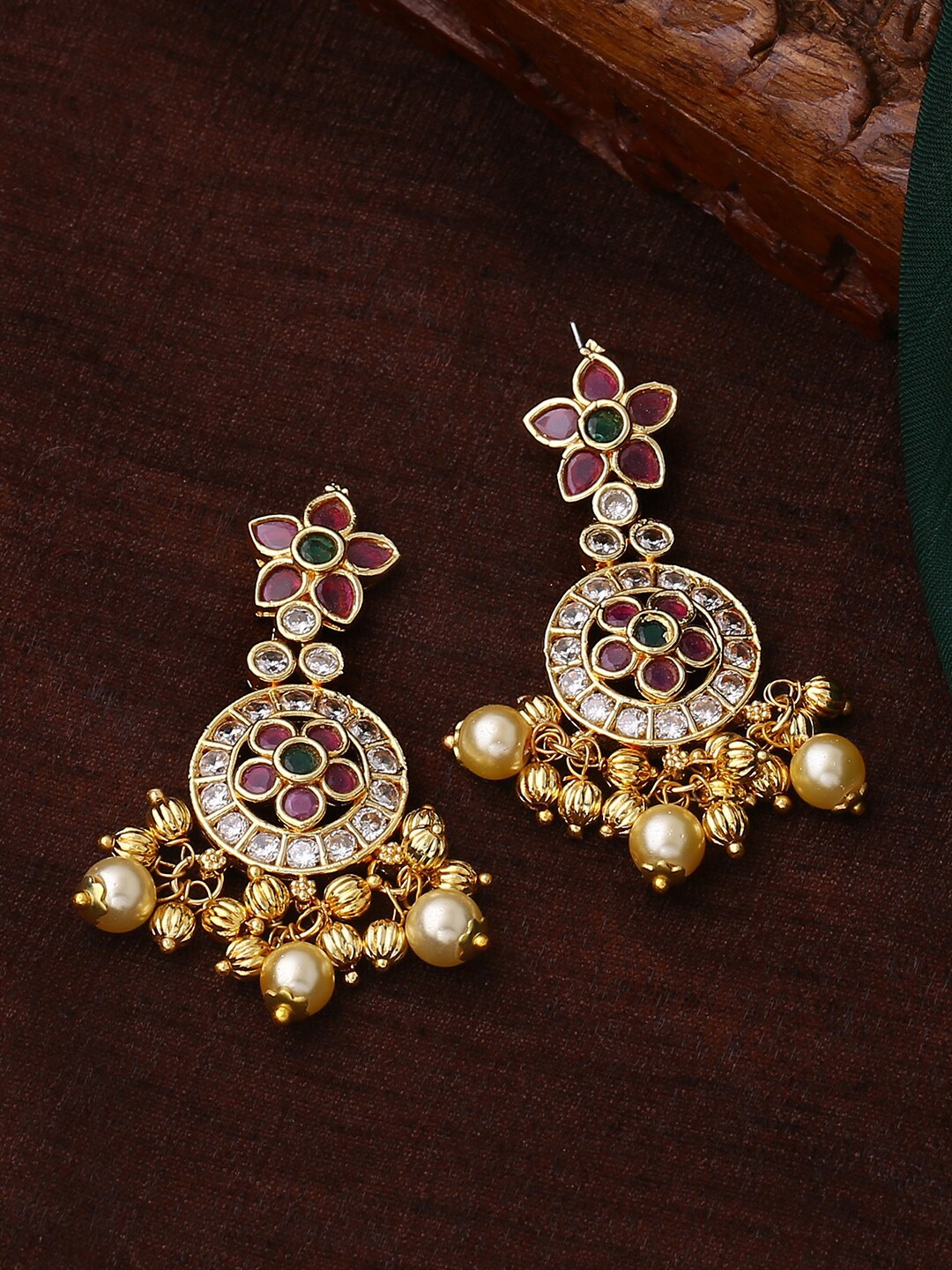 

Estele Gold Plated CZ Trilogy Designer Necklace set with Pearls