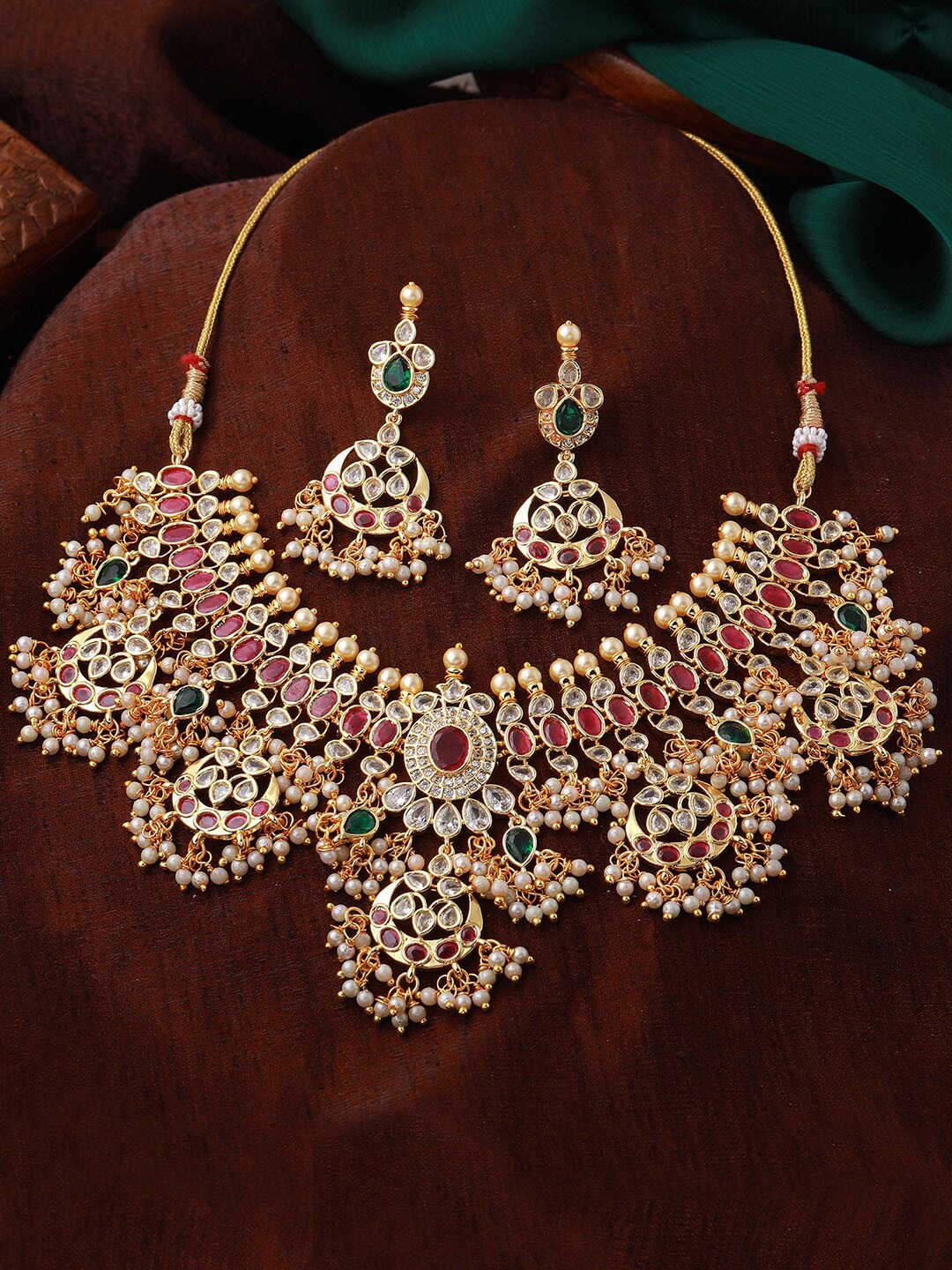 

Estele Women Gold-Plated Red & Green CZ Stone Studded Jewellery Set