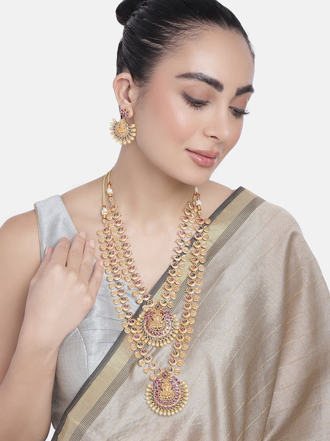 

Estele Gold Plated CZ Holy Laxmi Ji with Coins Designer Bridal Necklace Set, Pink
