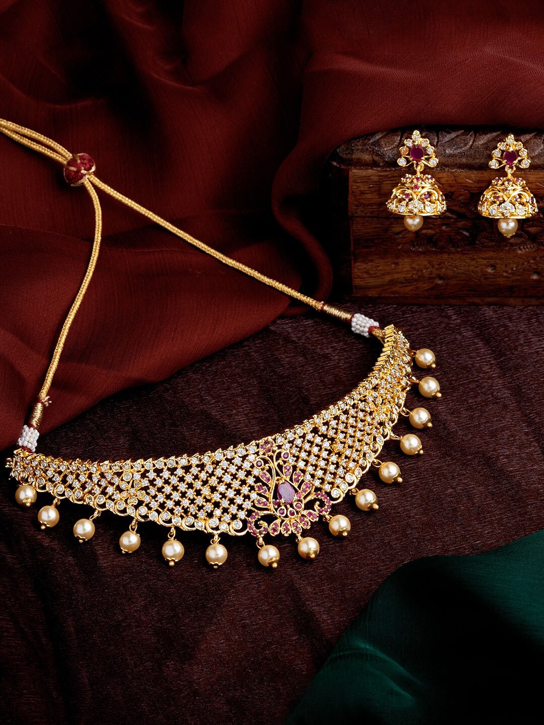 

Estele Gold Plated CZ Traditional Bridal Choker Necklace Set With Crystals