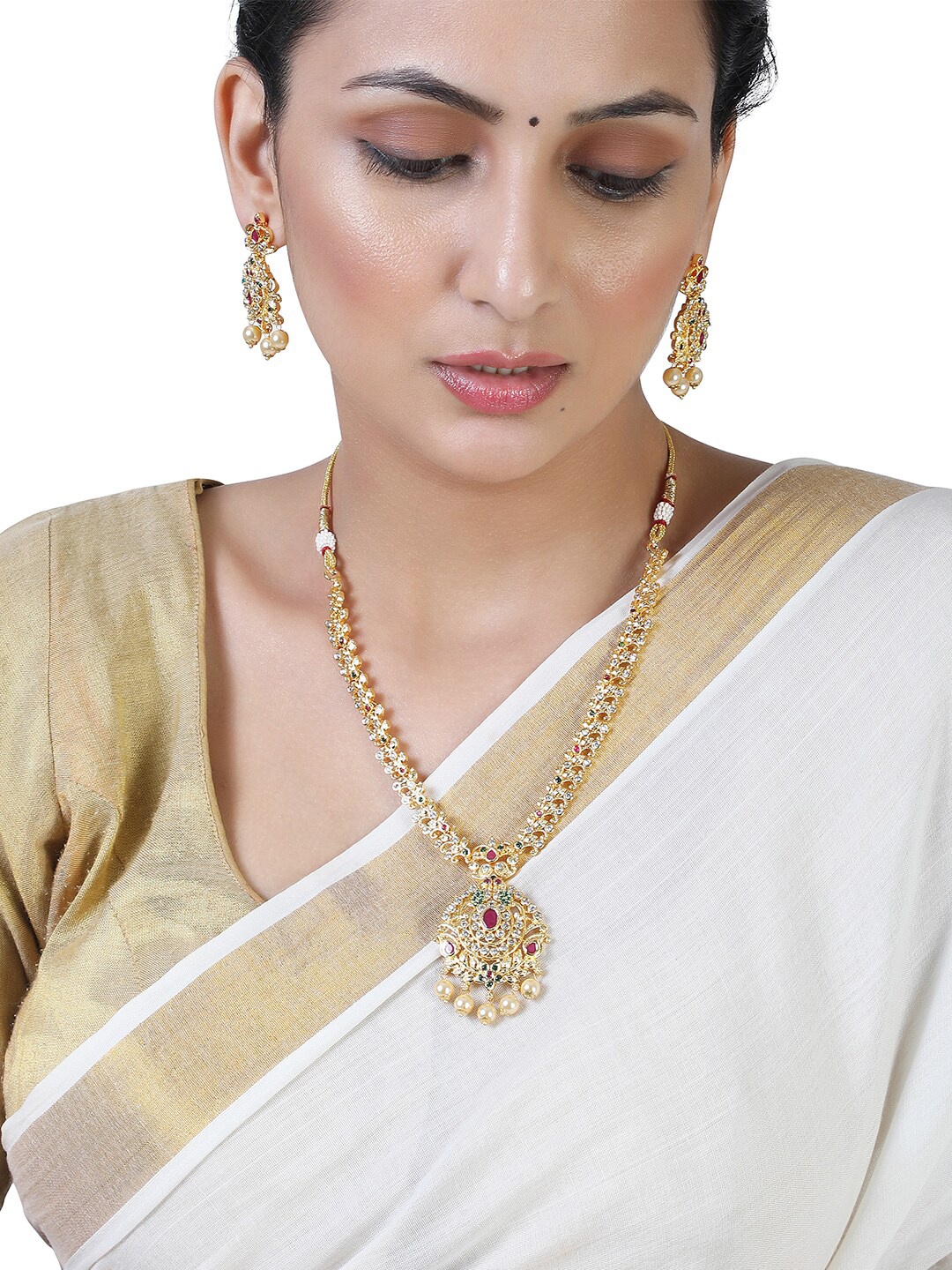 

Estele Gold Plated CZ Elegant Bridal Necklace Set With Pearls