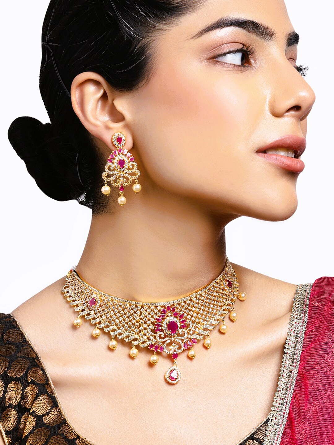 

Estele Gold Plated CZ Fascinating Bridal Choker Necklace Set With Pearls for Women