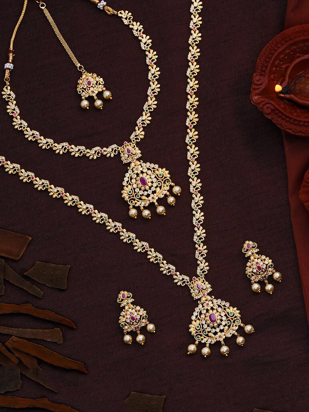 

Estele Women Gold-Plated Multi Colour CZ Stone Studded Jewellery Set