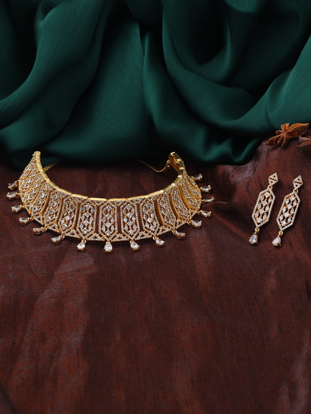 

Estele Gold Plated CZ Lavish Luxe Designer Choker Style Necklace Set