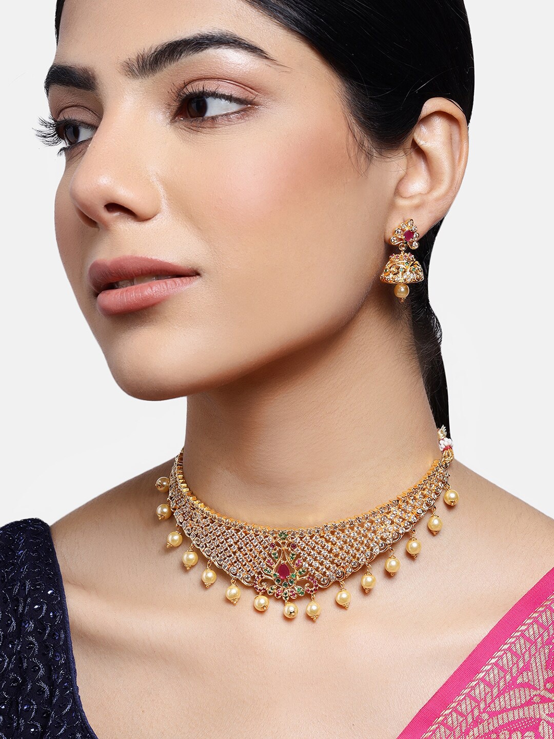 

Estele White & Pink Gold-Plated CZ-Studded & Beaded Jewellery Set