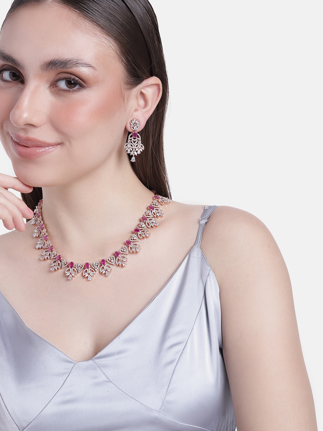 

Estele Rose Gold-Plated Red CZ Stone Studded Jewellery Set