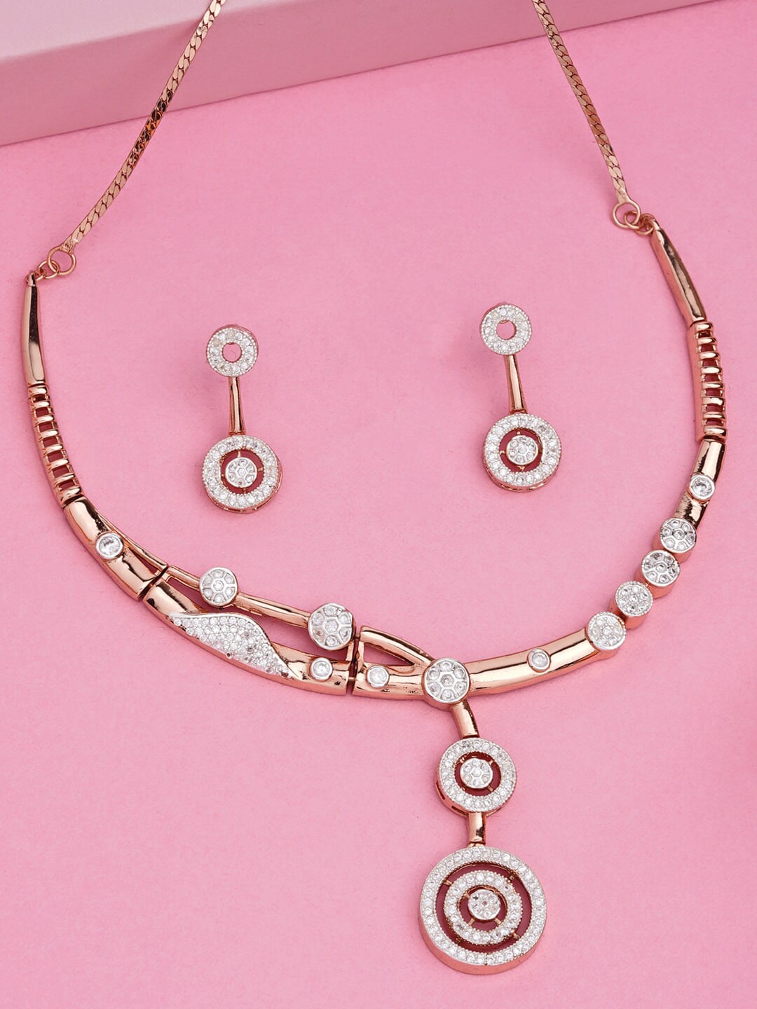 

Estele Rose Gold Plated CZ Geometric Designer Jewellery Set