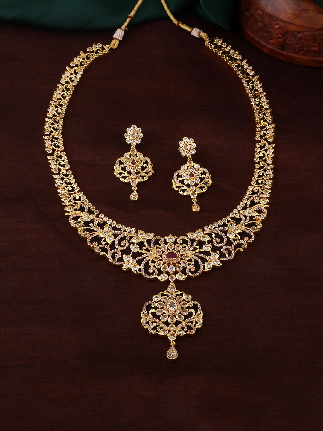 

Estele Gold Plated CZ Stunning Filgari Bridal Necklace Set for Women