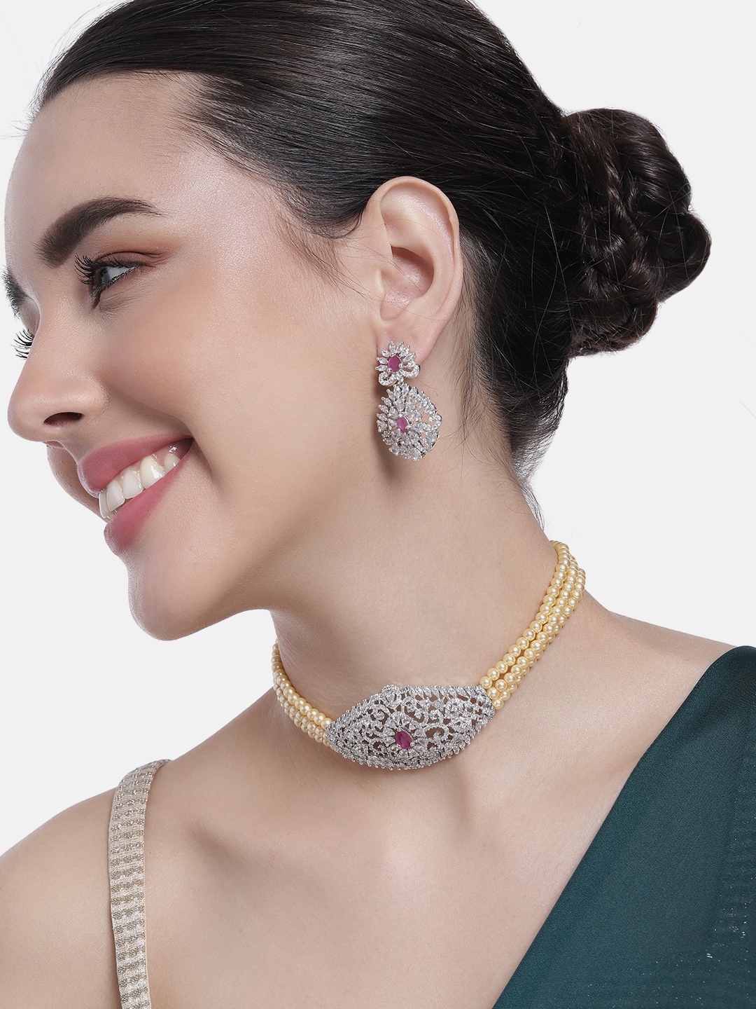 

Estele Rhodium Plated CZ Enchanted Pearl Choker Jewellery Set, Silver