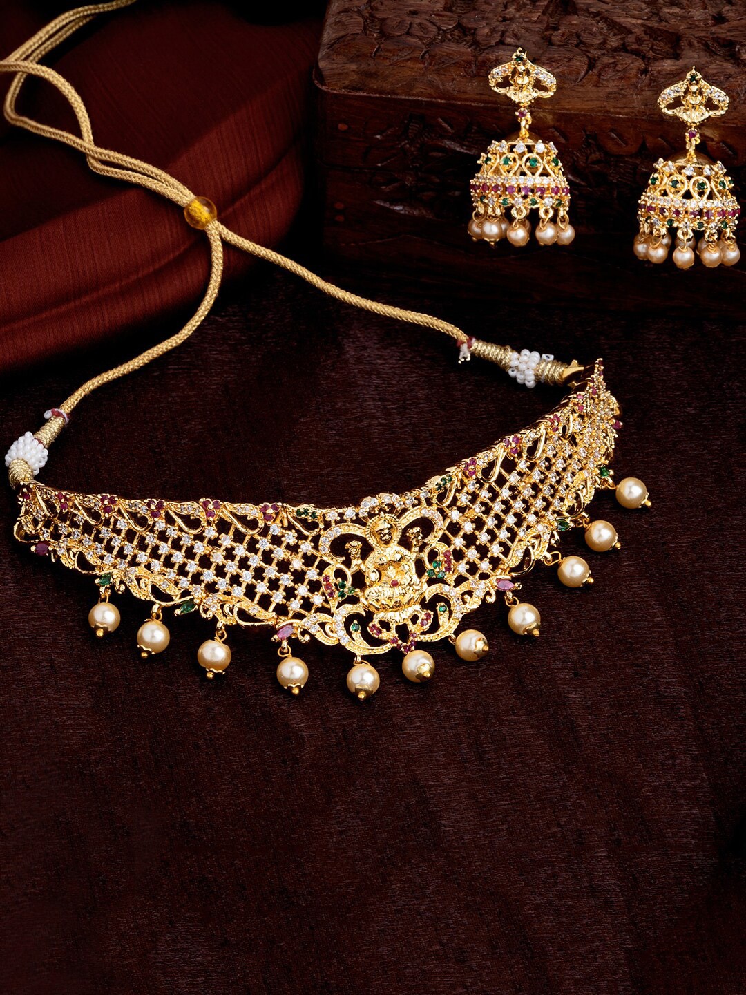 

Estele Gold Plated CZ Divine Laxmi Ji Designer Bridal Necklace Set With Pearls