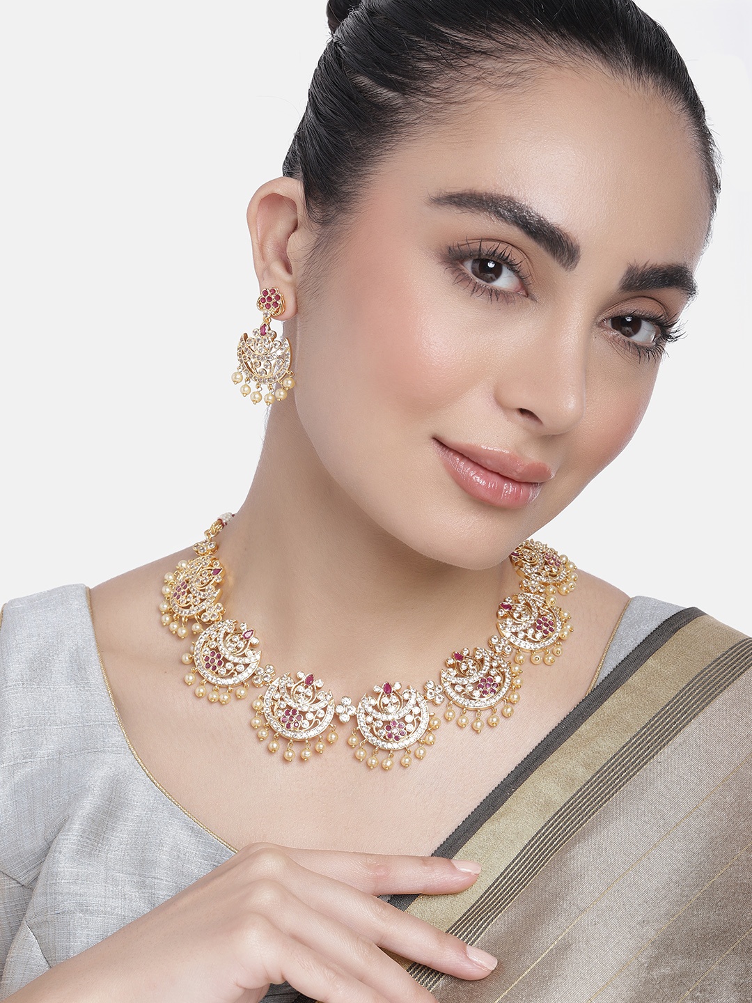 

Estele Gold Plated CZ Splendid Flower Designer Necklace Set with Pearls