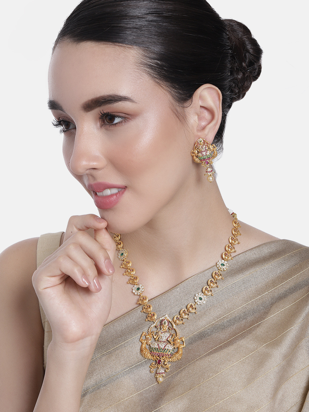 

Estele Gold Plated CZ Lakshmi Devi Designer Bridal Jewellery Set